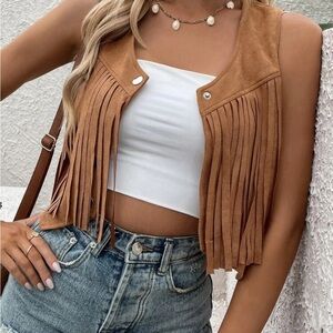 Fringe Detail Snap Button Front Suedette Vest Jacket